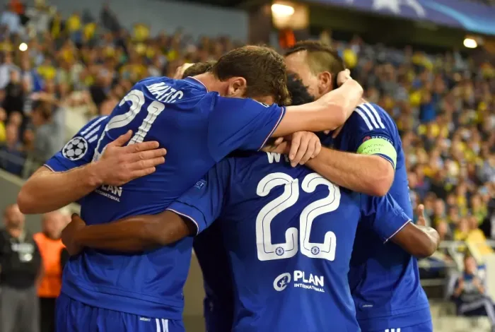 Framed Print : Gary Cahill Scores First Goal for Chelsea Against Maccabi Tel Aviv in UEFA Champions League: Celebrating with Team-Mates (November 2015)