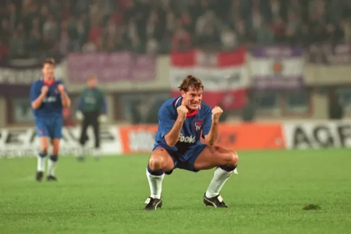 Framed Print : Glenn Hoddle's Chelsea Celebrate Second Leg Victory over Austria Vienna in European Cup Winners Cup (Second Round) Framed Print : Glenn Hoddle's Chelsea Celebrate Second Leg Victory over Austria Vienna in European Cup Winners Cup (Second Round)