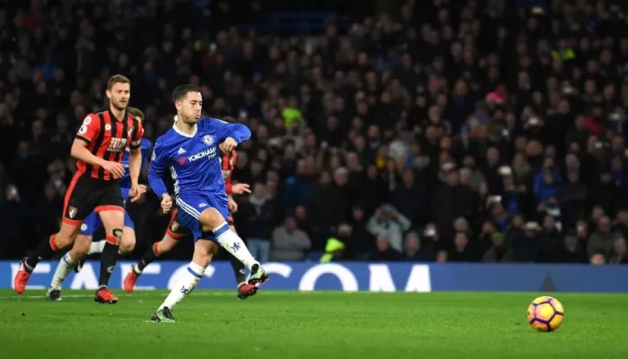 Framed Print : Hazard Scores Penalty: Chelsea's Victory over AFC Bournemouth at Stamford Bridge, Premier League
