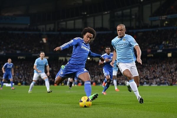 Intense Battle for Ball Possession: Willian vs. Kompany - Manchester City vs. Chelsea, Barclays Premier League (3rd February 2014)
