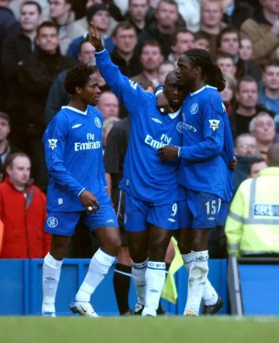 Framed Print : Jimmy Floyd Hasselbaink's First Goal: Celebration with Melchiot and Babayaro Framed Print : Jimmy Floyd Hasselbaink's First Goal: Celebration with Melchiot and Babayaro