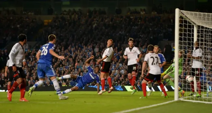 Framed Print : Jon Obi Mikel Scores Chelsea's Second Goal Against Fulham at Stamford Bridge (September 21, 2013) Framed Print : Jon Obi Mikel Scores Chelsea's Second Goal Against Fulham at Stamford Bridge (September 21, 2013)