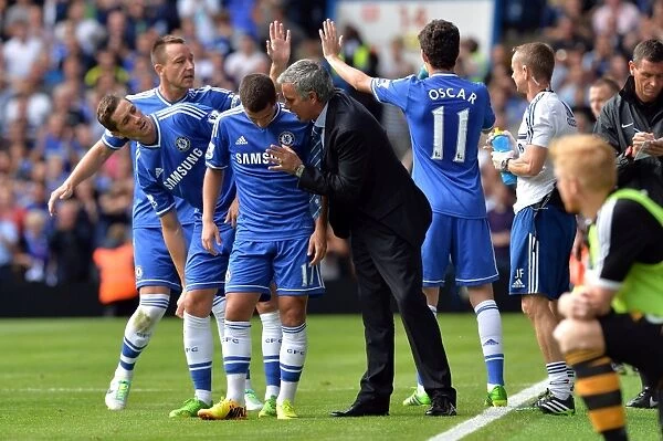 Jose Mourinho Coaches Eden Hazard at Chelsea's Stamford Bridge: Barclays Premier League Match against Hull City Tigers (18th August 2013)