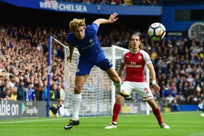 Framed Print : Marcos Alonso Heads the Ball: Chelsea vs Arsenal at Stamford Bridge