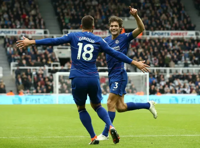 Framed Print : Marcos Alonso and Olivier Giroud Celebrate Chelsea's Winning Goal Against Newcastle United