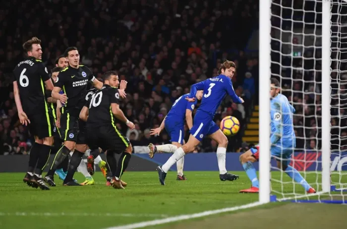 Framed Print : Marcos Alonso Scores Chelsea's Second Goal Against Brighton in Premier League Clash at Stamford Bridge Framed Print : Marcos Alonso Scores Chelsea's Second Goal Against Brighton in Premier League Clash at Stamford Bridge