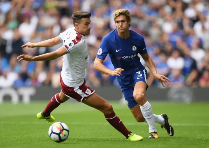 Framed Print : Marcos Alonso vs Robbie Brady: Intense Tackle in Chelsea vs Burnley Premier League Match Framed Print : Marcos Alonso vs Robbie Brady: Intense Tackle in Chelsea vs Burnley Premier League Match