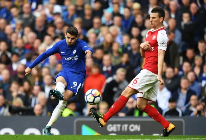 Framed Print : Morata vs. Koscielny: A Premier League Showdown at Stamford Bridge Framed Print : Morata vs. Koscielny: A Premier League Showdown at Stamford Bridge