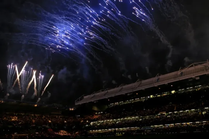 Framed Print : Premier League Showdown at Stamford Bridge: Chelsea vs. Everton Amidst Fireworks Extravaganza Framed Print : Premier League Showdown at Stamford Bridge: Chelsea vs. Everton Amidst Fireworks Extravaganza