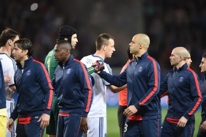 Framed Print : Quarter-Final Showdown: Handshake Moment - Paris Saint-Germain vs. Chelsea at Parc des Princes (UEFA Champions League, April 2014)