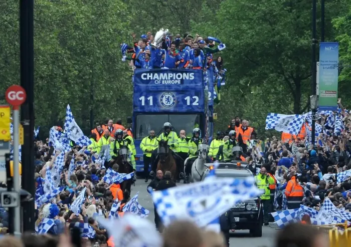 Framed Print : Soccer - Chelsea UEFA Champions League and FA Cup Parade - London Framed Print : Soccer - Chelsea UEFA Champions League and FA Cup Parade - London