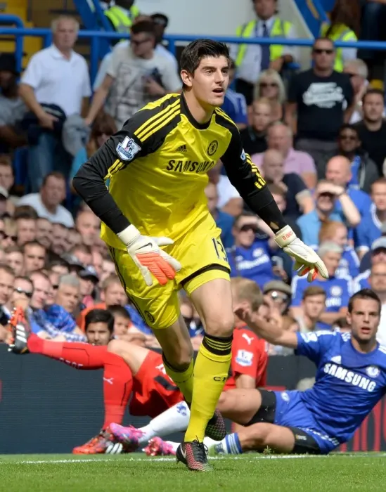 Framed Print : Thibaut Courtois: Chelsea's Unyielding Guardian at Stamford Bridge (Chelsea vs Leicester City, BPL 2014) Framed Print : Thibaut Courtois: Chelsea's Unyielding Guardian at Stamford Bridge (Chelsea vs Leicester City, BPL 2014)