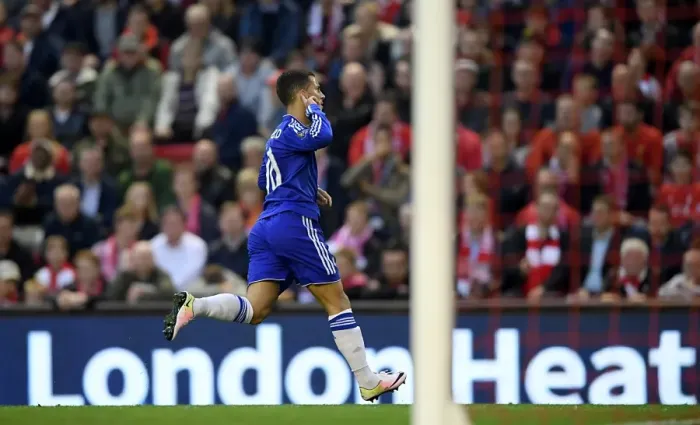 Framed Print : Thrilling Moment: Eden Hazard Scores Chelsea's First Goal Against Liverpool in the Premier League 2015-16 Framed Print : Thrilling Moment: Eden Hazard Scores Chelsea's First Goal Against Liverpool in the Premier League 2015-16