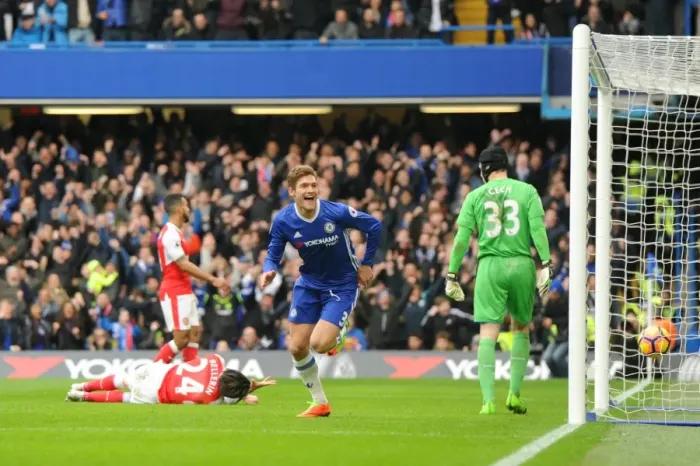 Framed Print : Thrilling Opener: Marcos Alonso Scores Against Arsenal in Chelsea's Premier League Victory Framed Print : Thrilling Opener: Marcos Alonso Scores Against Arsenal in Chelsea's Premier League Victory