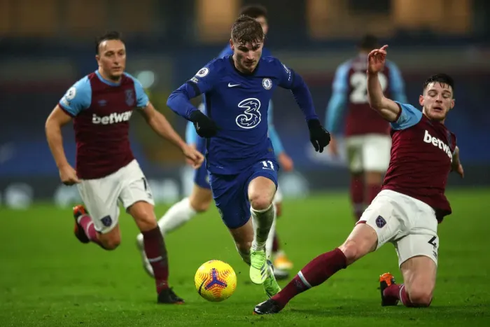 Framed Print : Timo Werner Escapes Declan Rice: Intense Moment from Chelsea vs. West Ham United (December 2020)