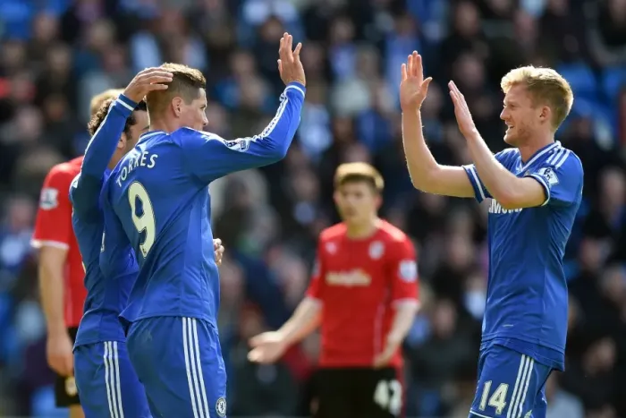 Framed Print : Torres and Schurrle in Jubilant Celebration: Chelsea's Second Goal vs. Cardiff City (May 11, 2014)