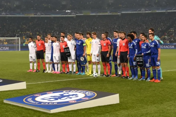 Framed Print : United Against Discrimination: Chelsea and Dynamo Kiev Players Take a Stand in UEFA Champions League (October 2015)