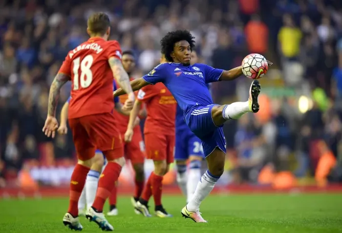 Framed Print : Willian in Action: Liverpool vs. Chelsea - Premier League Clash at Anfield (2015-16)