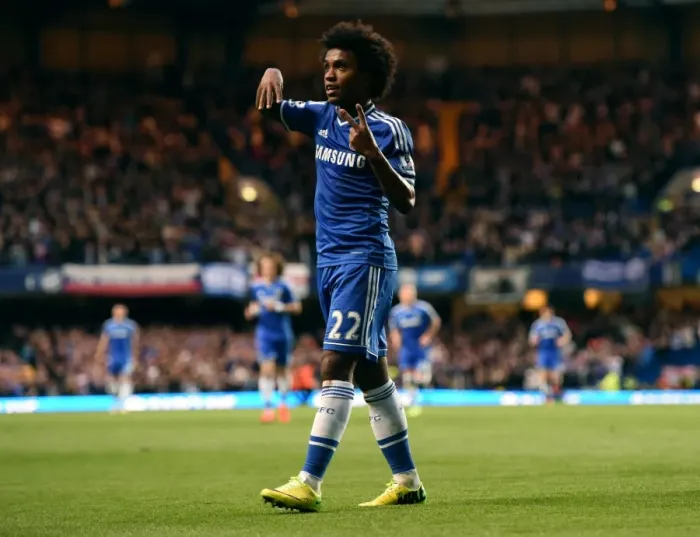 Framed Print : Willian's Double: Chelsea Star Celebrates Second Goal Against Stoke City at Stamford Bridge Framed Print : Willian's Double: Chelsea Star Celebrates Second Goal Against Stoke City at Stamford Bridge
