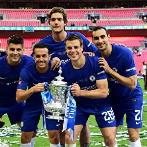 Chelsea FC Lifts the FA Cup: Alvaro Morata, Pedro, Marcos Alonso, Cesar Azpilicueta, and Davide Zappacosta Celebrate Victory over Manchester United