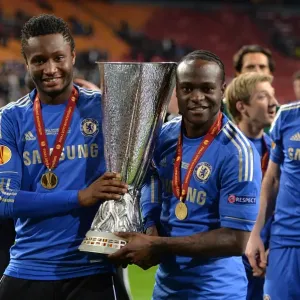 Chelsea FC Print: Mikel and Moses with UEFA Europa League Trophy