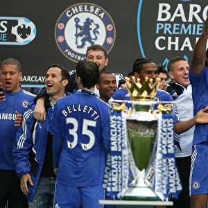 Chelsea players celebrate after winning the Premier League title at Stamford Bridge