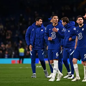 Chelsea Players Thiago Silva and Jorginho Celebrate Win Against Leicester City in Empty Stamford Bridge, Premier League 2021
