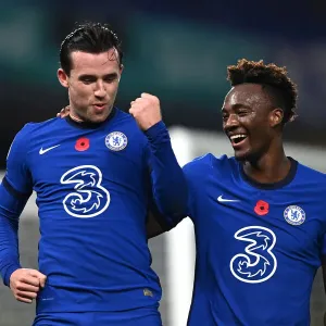 Chelsea's Chilwell and Abraham Celebrate Second Goal Print Chelsea's Chilwell and Abraham Celebrate Second Goal Print