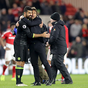 Chelsea's Diego Costa and Antonio Conte: A Victory Embrace at Riverside Stadium
