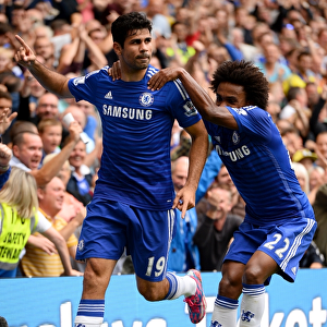 Chelsea's Diego Costa and Willian: A Celebration of Costa's Goal (Chelsea vs. Aston Villa, September 27, 2014, Barclays Premier League, Stamford Bridge)