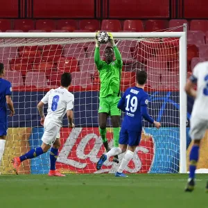 Chelsea's Edouard Mendy Makes Saving in Empty Estadio Ramon Sanchez Pizjuan during UEFA Champions League Quarterfinals vs Porto Chelsea's Edouard Mendy Makes Saving in Empty Estadio Ramon Sanchez Pizjuan during UEFA Champions League Quarterfinals vs Porto