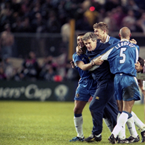 Chelsea's Euro Win: Di Matteo, Hughes, Flo, and Leboeuf Celebrate against VfB Stuttgart, 1998 UEFA European Cup Final