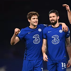 Chelsea's Olivier Giroud and Marcos Alonso Celebrate First Goal in Empty Stamford Bridge: 2020-21 Season - Chelsea vs Newcastle United (15.02.21)