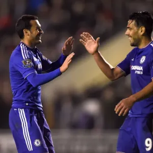 Print of Pedro and Falcao Celebrating in Chelsea's Capital One Cup Win Print of Pedro and Falcao Celebrating in Chelsea's Capital One Cup Win