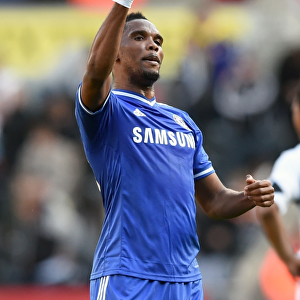 Chelsea's Samuel Eto'o Jubilantly Celebrates Demba Ba's Goal Against Swansea City (April 13, 2014)