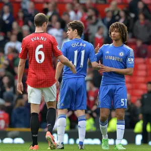 Print of Clash at Old Trafford: Oscar and Ake Face-Off Against Evans Print of Clash at Old Trafford: Oscar and Ake Face-Off Against Evans