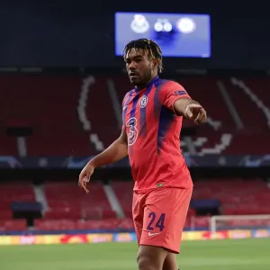 Empty Estadio Ramon Sanchez Pizjuan: Reece James of Chelsea in Quiet Quarterfinal Battle against FC Porto (April 2021) Empty Estadio Ramon Sanchez Pizjuan: Reece James of Chelsea in Quiet Quarterfinal Battle against FC Porto (April 2021)