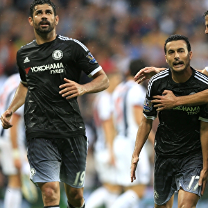 Pedro's Premier League Debut Goal: A Triumphant Celebration with Diego Costa and Cesar Azpilicueta (August 2015, West Bromwich Albion vs Chelsea)