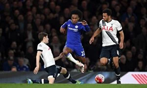 Images Dated 2nd May 2016: Battle at Stamford Bridge: Willian Sandwiched by Dembele and Davies (Chelsea vs)