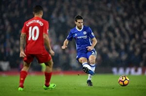 Images Dated 31st January 2017: Cesar Azpilicueta in Action: Liverpool vs. Chelsea, Premier League 2017 - Pass at Anfield