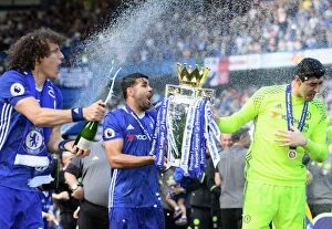 Images Dated 21st May 2017: Chelsea Celebrates Premier League Title with David Luiz, Diego Costa, and Thibaut Courtois