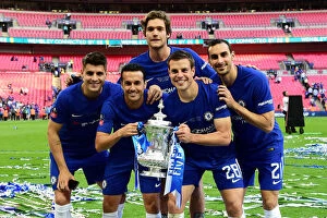 Images Dated 19th May 2018: Chelsea FC Lifts the FA Cup: Alvaro Morata, Pedro, Marcos Alonso, Cesar Azpilicueta