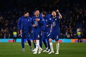 Images Dated 18th May 2021: Chelsea Players Thiago Silva and Jorginho Celebrate Win Against Leicester City in Empty Stamford