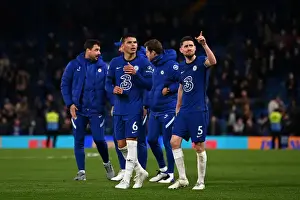 Club Soccer Prints: Chelsea Players Thiago Silva and Jorginho Celebrate Win Against Leicester City in Empty Stamford Bridge