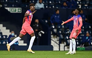 Chelsea's Abraham and Hudson-Odoi Celebrate Third Goal Against West Bromwich Albion in Empty Hawthorns Stadium