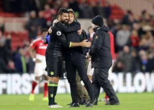 Images Dated 20th November 2016: Chelsea's Diego Costa and Antonio Conte: A Victory Embrace at Riverside Stadium