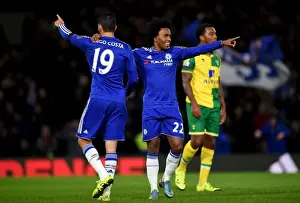 Football Soccer Full Length Prints: Chelsea's Diego Costa and Willian: A Dynamic Duo Celebrating a Goal Against Norwich City (November 2015)
