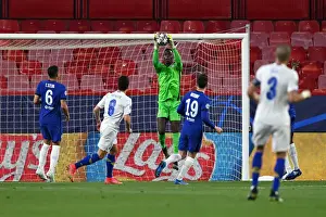 Club Soccer Prints: Chelsea's Edouard Mendy Makes Saving in Empty Estadio Ramon Sanchez Pizjuan during UEFA Champions League