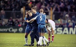 Cup Winners Cup Final 1998 Collection: Chelsea's Euro Win: Di Matteo, Hughes, Flo, and Leboeuf Celebrate against VfB Stuttgart