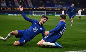 Club Soccer Collection: Chelsea's Mount and Pulisic Celebrate Goals in Empty Stamford Bridge against Real Madrid - UEFA